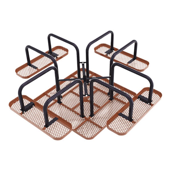 A square brown expanded metal picnic table with black metal supports and four separate seating sections.