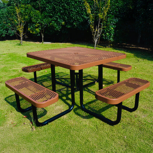A brown square expanded metal picnic table with attached benches, designed for outdoor use.