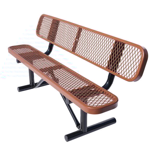 A six-foot brown expanded metal bench with a backrest and black metal legs.