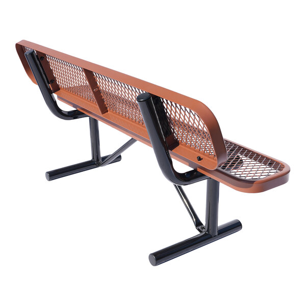 A 6-foot brown expanded metal bench with black metal legs and a mesh seat and backrest.