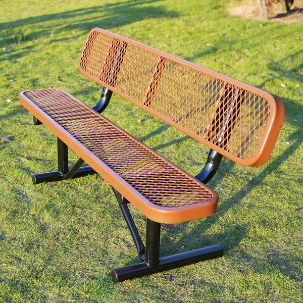 A 6-foot brown expanded metal bench with a backrest, designed for outdoor use.