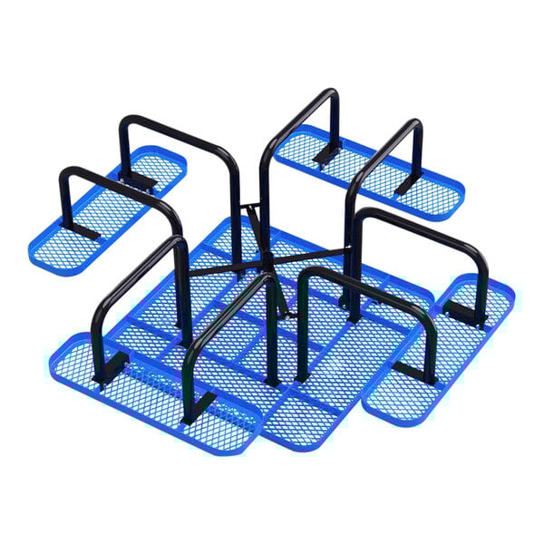 A blue square expanded metal picnic table with attached black metal seats.