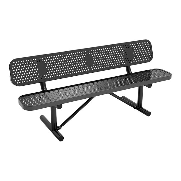 A 6-foot black perforated metal bench with a backrest and sturdy legs.