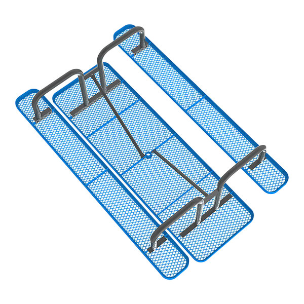 An 8-foot blue expanded metal picnic table with attached benches and metal frame.