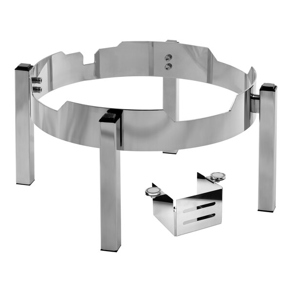 A stainless steel stackable stand designed for buffet ware, compatible with specific models.