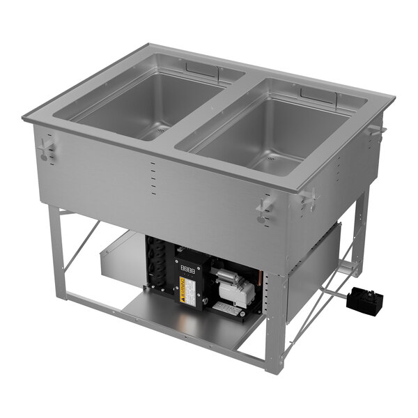 A stainless steel two-well modular drop-in hot and cold food well unit with an auto manifold drain and visible control components underneath.