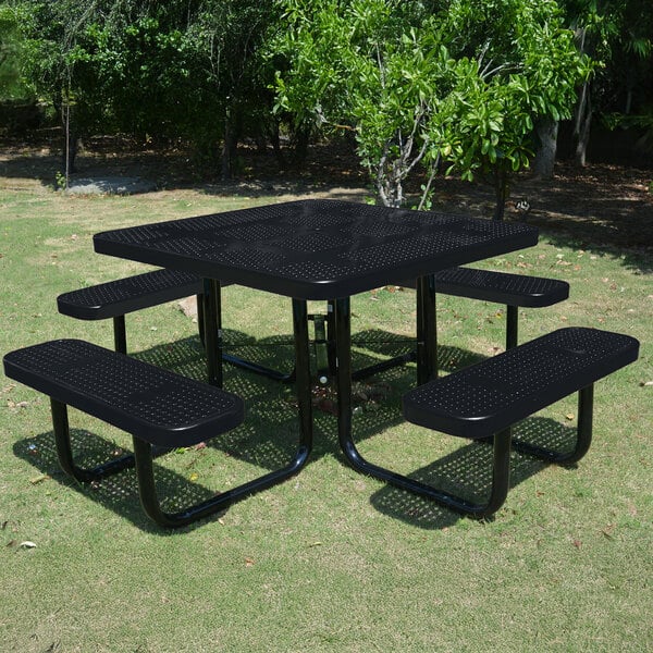 A black square perforated metal picnic table with four attached benches.