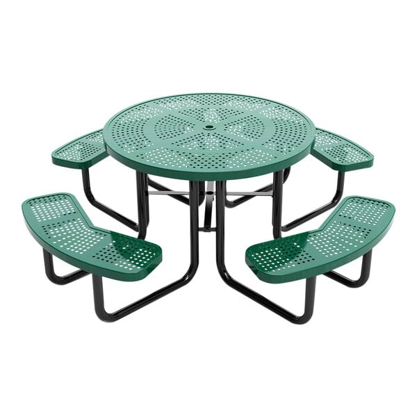 A round green perforated metal picnic table with four attached curved benches.