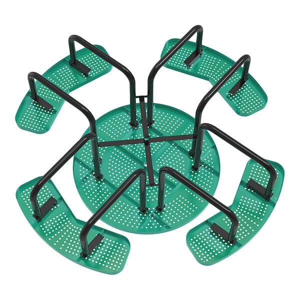 A round green perforated metal picnic table with attached curved benches and black metal supports.