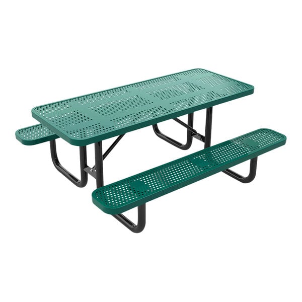 A green perforated metal picnic table with attached benches and black metal legs.