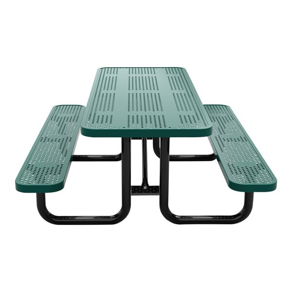 A green perforated metal picnic table with attached benches and black metal legs.