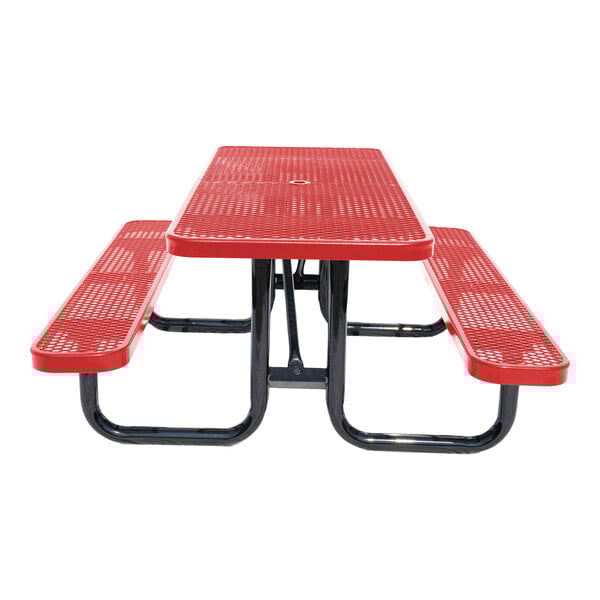 A 6-foot red expanded metal picnic table with attached benches and a black metal frame.