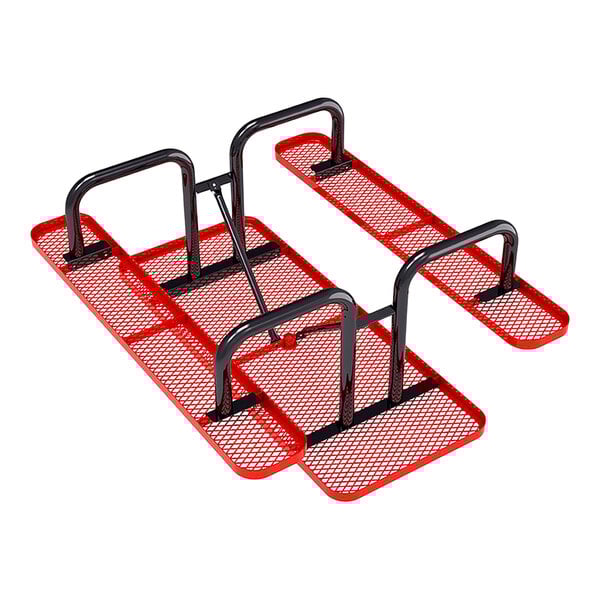 A red expanded metal picnic table with black metal frame and attached benches.