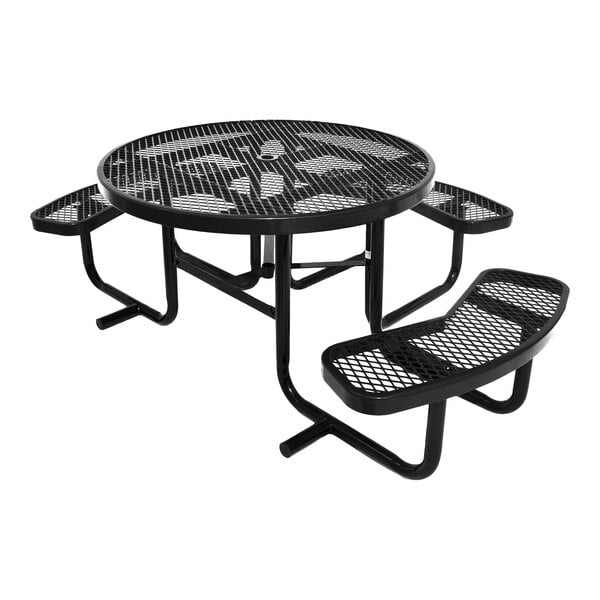 A round black expanded metal picnic table with attached curved benches and ADA accessibility.