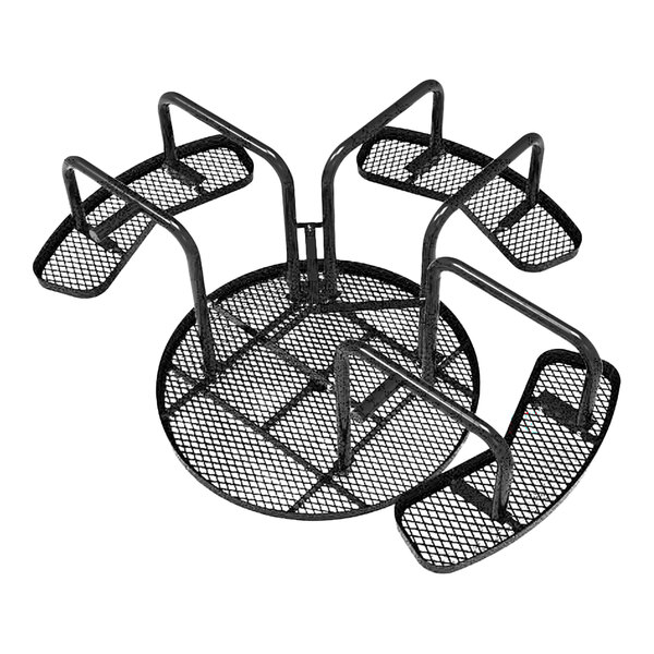 A round black expanded metal picnic table with four attached curved benches and ADA accessibility features.