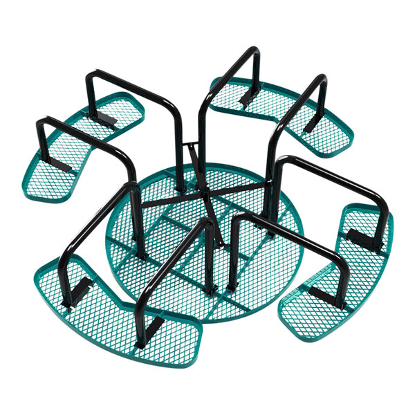 A round green expanded metal picnic table with attached seats and black metal supports.