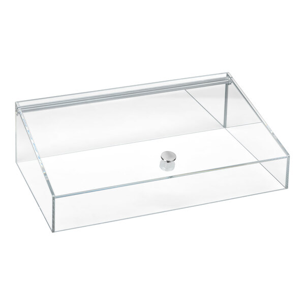 A clear plastic flip cover designed for full size trays, featuring a metal knob handle.