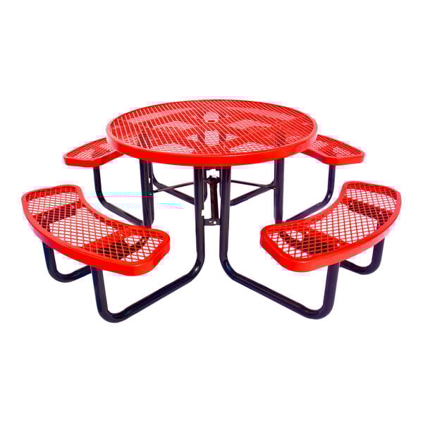A round red expanded metal picnic table with four attached curved benches and black metal legs.