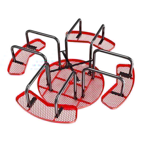 A round red expanded metal picnic table with attached seats and black metal supports.