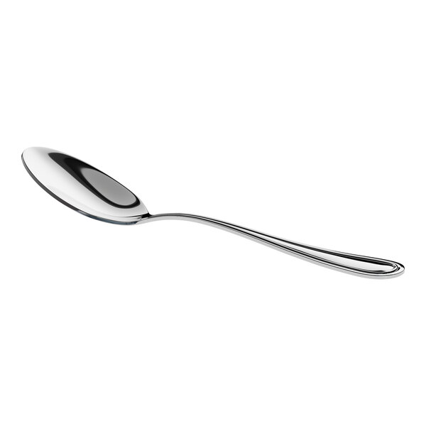 A stainless steel heavy weight tablespoon or serving spoon with a polished finish.