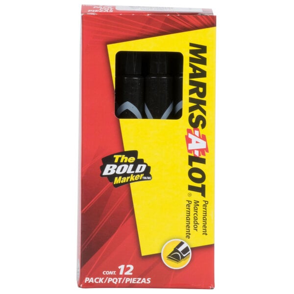 A box of 12 Avery Marks-A-Lot large black chisel tip permanent markers.