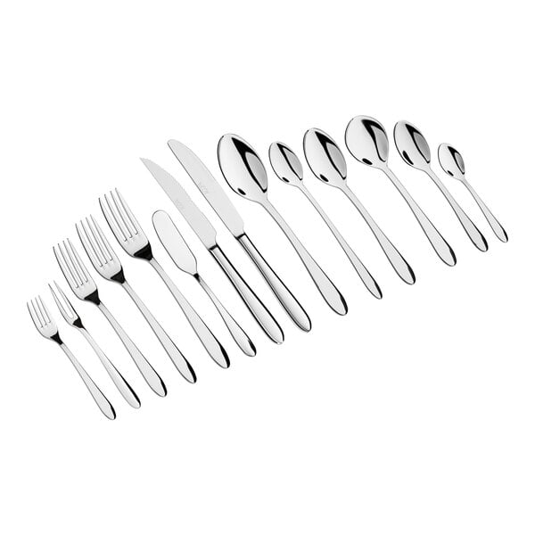 A set of stainless steel flatware including forks, knives, and spoons arranged in a row.