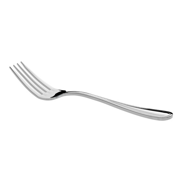 A stainless steel salad or dessert fork with a polished finish.