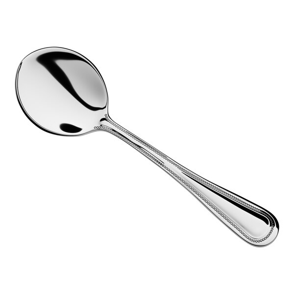 A stainless steel bouillon spoon with a decorative handle.