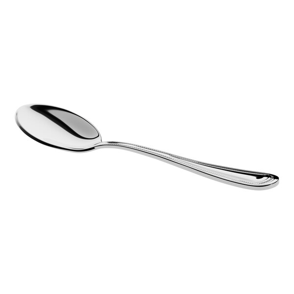 A stainless steel bouillon spoon with a polished finish and a slightly rounded handle.