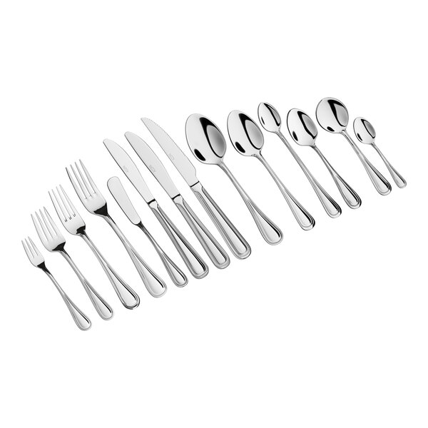 A set of stainless steel flatware including forks, knives, and various spoons arranged in a row.