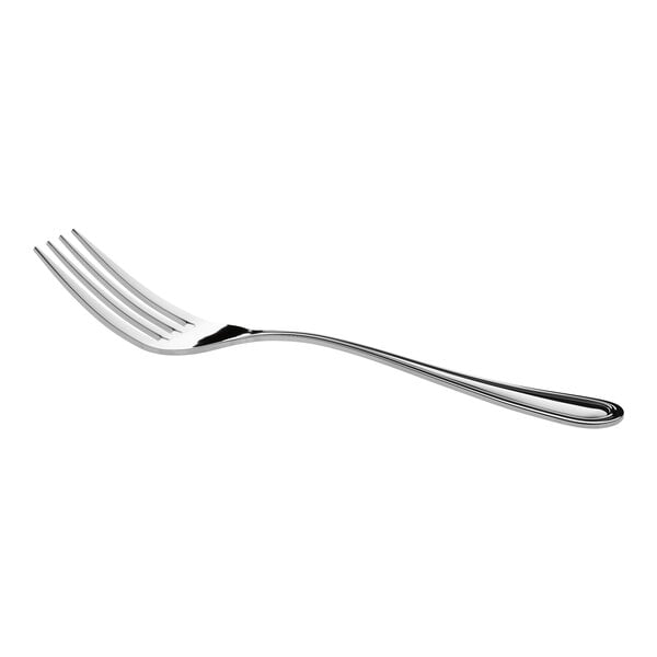 A stainless steel dinner fork with a simple, polished design.