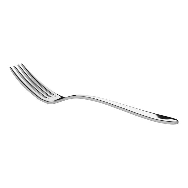 A stainless steel salad or dessert fork with a polished finish.