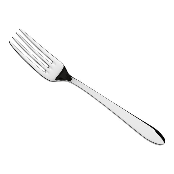 A stainless steel salad or dessert fork with a polished finish.