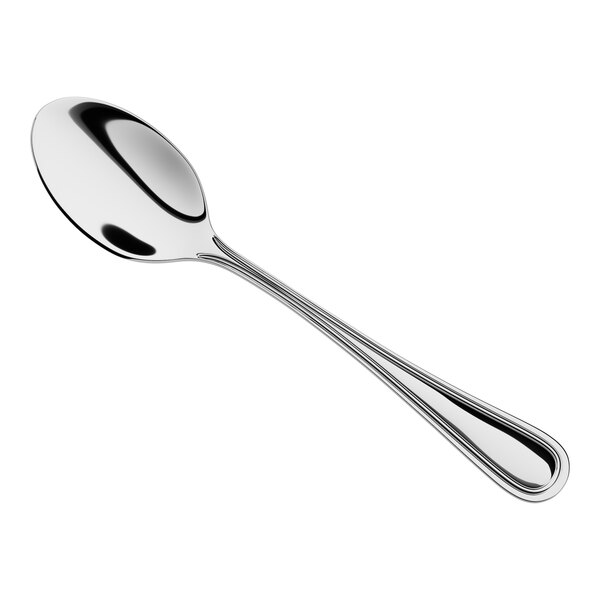 A stainless steel dessert spoon with a simple, polished design.