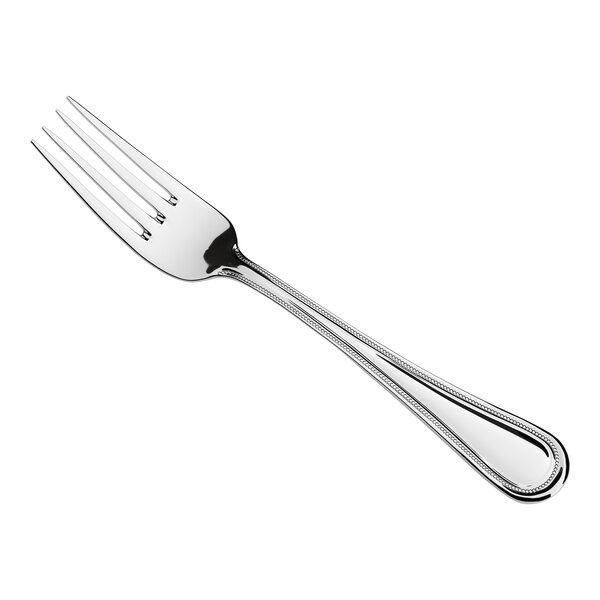 A stainless steel dinner fork with a simple, beaded edge design.