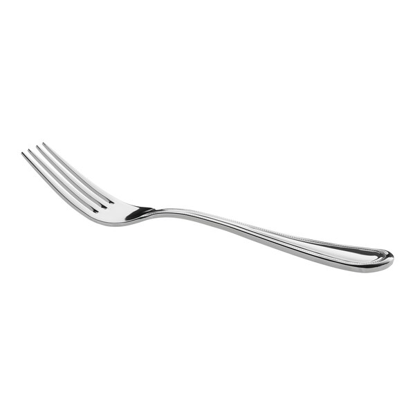 A stainless steel dinner fork with a polished finish and a slightly curved handle.