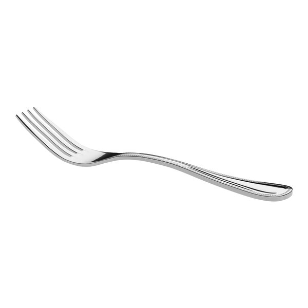 A stainless steel European dinner fork with a polished finish and a slightly curved handle.