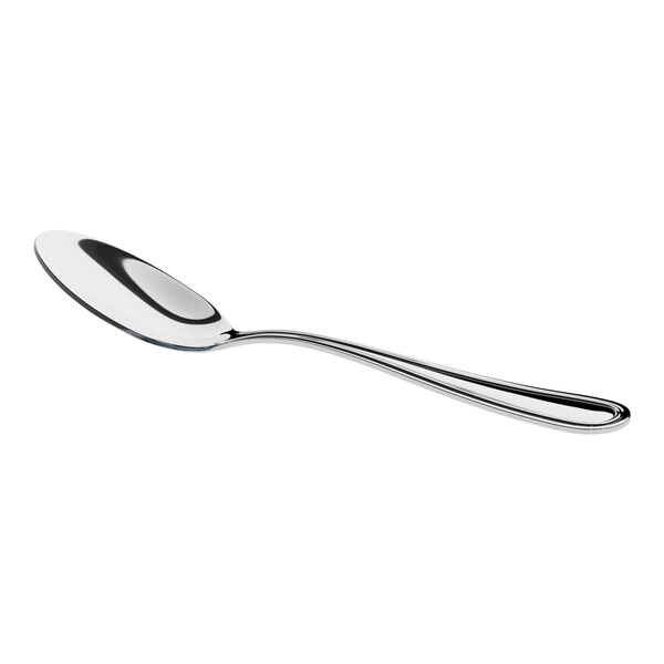 A stainless steel demitasse spoon with a simple, polished design.