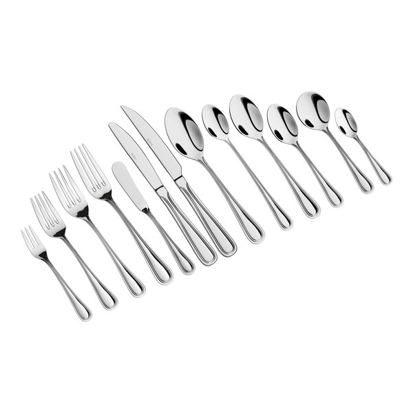 A set of stainless steel flatware including forks, knives, and various sizes of spoons.