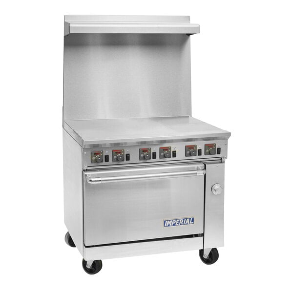 A commercial stainless steel electric range with six wafer plates, a convection oven, and a backsplash, designed for professional kitchens.