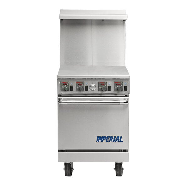 A commercial stainless steel electric range with four wafer plates and a standard oven, branded Imperial.
