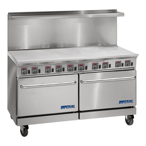 A large stainless steel electric range with ten wafer plates, two convection ovens, and a backsplash, designed for commercial kitchens.