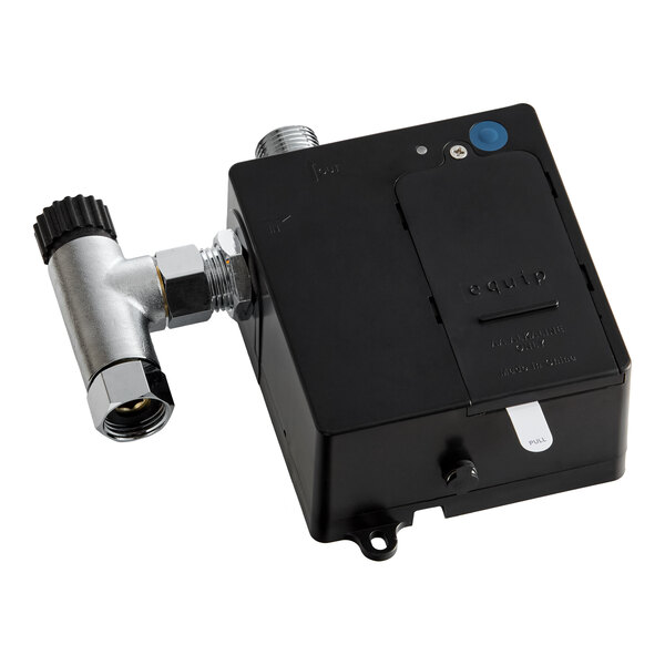 A black sensor faucet control module with attached metal fittings for select Equip by T&S faucets.