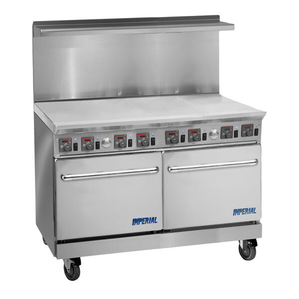 An industrial stainless steel electric range with eight wafer plates, two standard ovens, and a backsplash, designed for commercial kitchens.