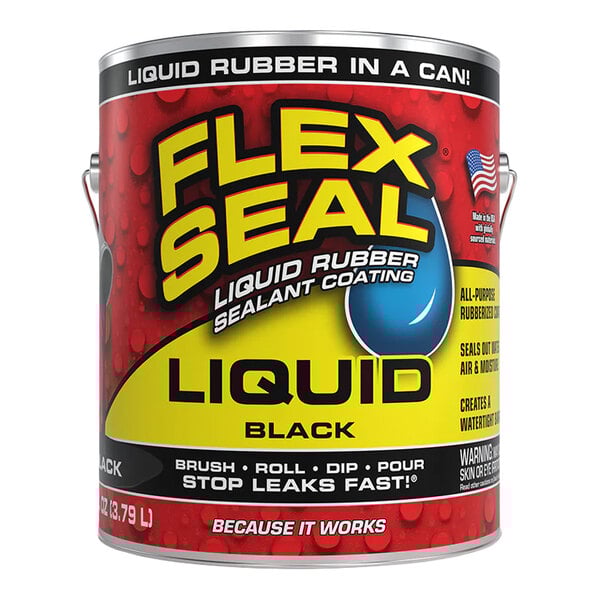 A one-gallon can of Flex Seal black liquid rubber sealant coating.