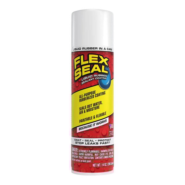 A 14 oz. can of Flex Seal white liquid rubber sealant coating spray.
