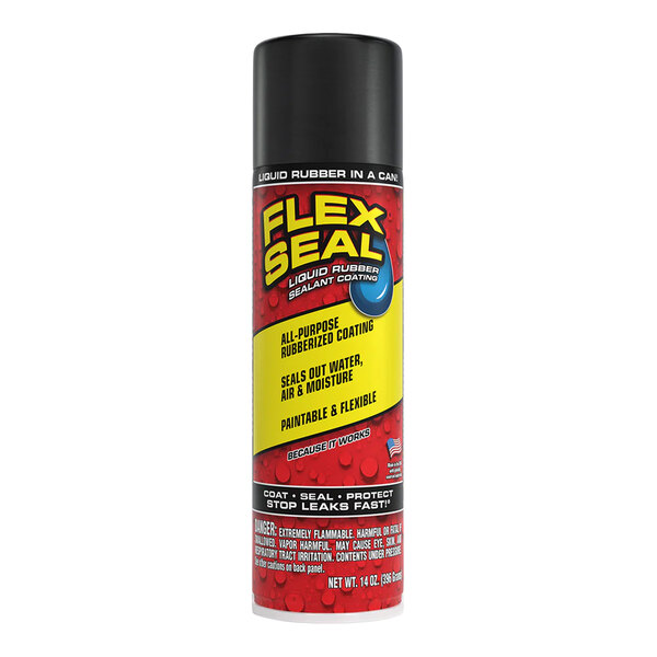 A 14 oz. can of Flex Seal black liquid rubber sealant coating spray.