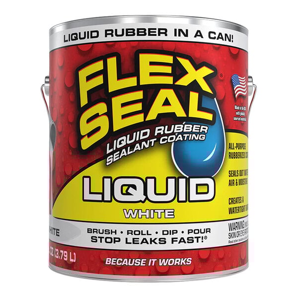 A 1-gallon can of Flex Seal white liquid rubber sealant coating.
