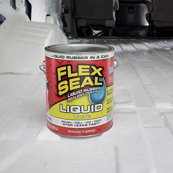 A one-gallon can of Flex Seal white liquid rubber sealant coating.
