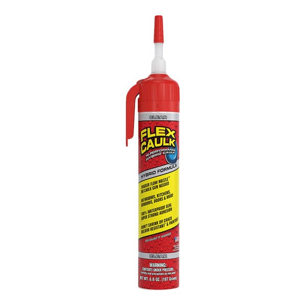 A tube of Flex Seal Flex Caulk 6.6 oz. clear hybrid polymer caulk with a red cap and nozzle.